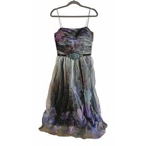 Teri Jon Women’s Cocktail Dress Size 8 – Floral Tulle Overlay, Beaded Waist, NWT